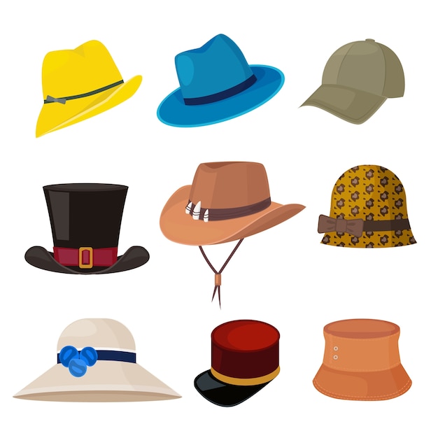 Premium Vector Cartoon Hats Male And Female Stylish Accessories Of Wardrobe Headwear Flat Fashion Collection Female And Male Hat Fashion Collection Headdress Of Set Illustration