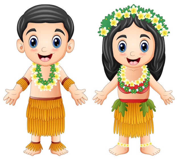 Premium Vector | Cartoon hawaiian couple wearing traditional costumes