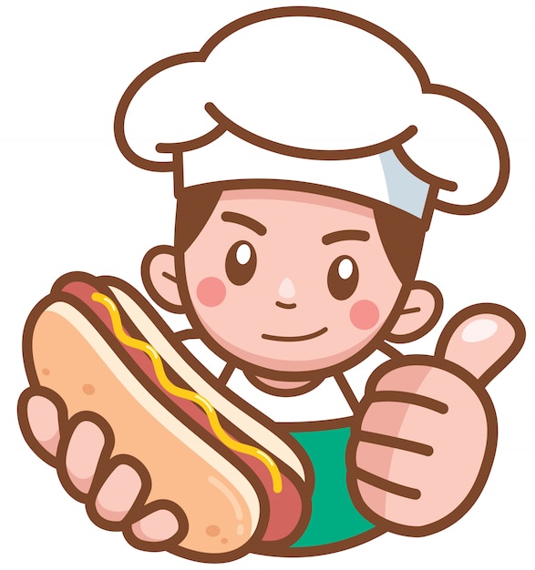 Cartoon hot dog seller presenting food Premium Vector