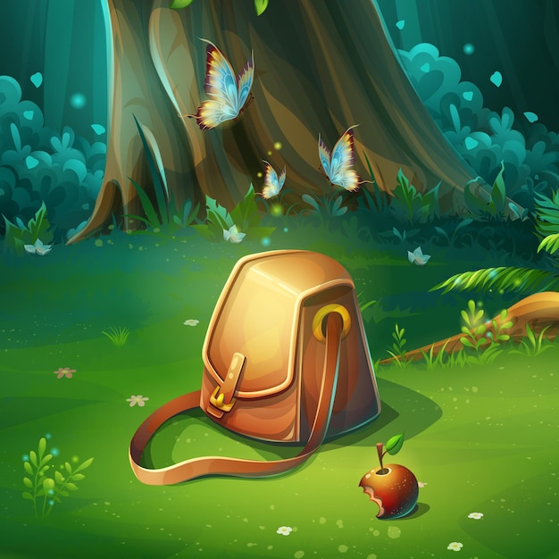 Cartoon illustration of background forest glade with bag. bright wood with hares, butterflies, apple, travel bag. for design game, websites and mobile phones, printing. Premium Vector