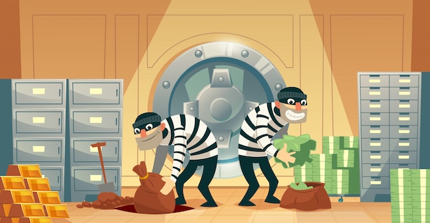 Cartoon illustration of bank robbery in safety vault. two thieves ...