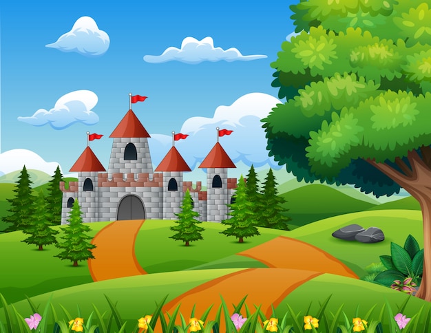 Premium Vector | Cartoon illustration of castle on hill landscape