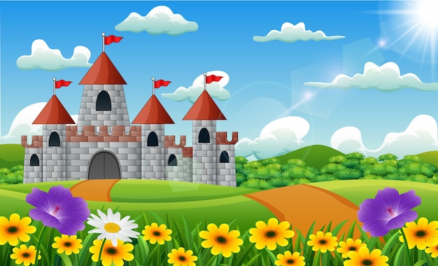 Premium Vector | Cartoon illustration of castle on hill landscape