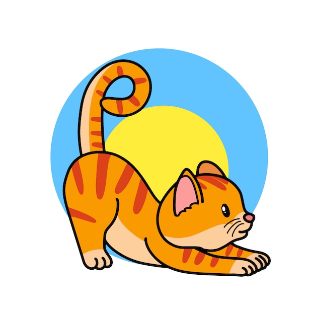 漫画イラスト猫ストレッチ 動物ヨガのコンセプト ヨガをしている子猫 プレミアムベクター