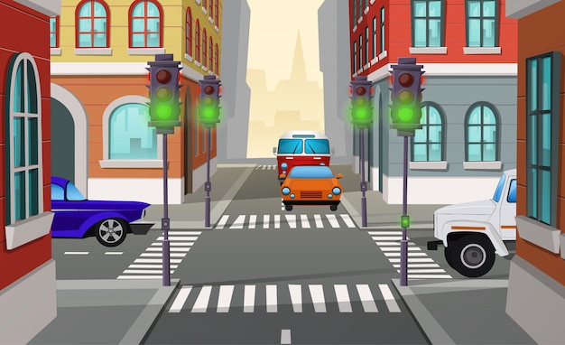無料のベクター 緑の信号と車 道路の交差点と漫画のイラスト都市の交差点