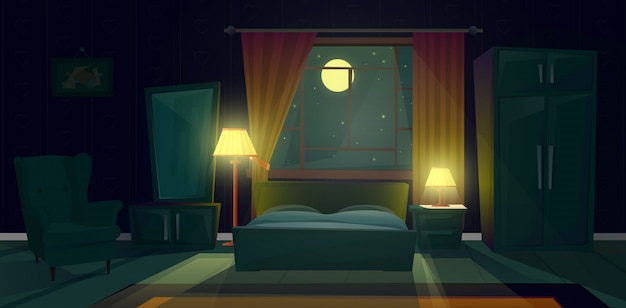 Free Vector | Cartoon illustration of cozy bedroom at night. modern ...