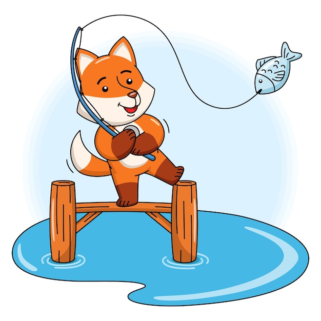 Premium Vector | Cartoon illustration of a cute fox fishing a fish