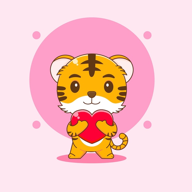 Premium Vector | Cartoon illustration of cute tiger hugs heart love