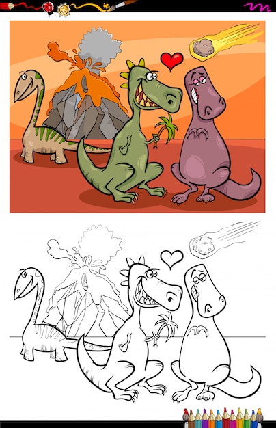 Download Cartoon illustration of funny dinosaurs characters in love coloring book activity | Premium Vector