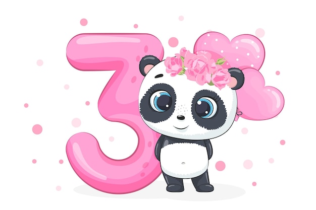 漫画イラスト お誕生日おめでとう 3年 かわいいパンダの女の子 ベクトルイラスト プレミアムベクター