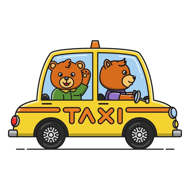 タクシーの車を運転するクマの漫画イラスト プレミアムベクター