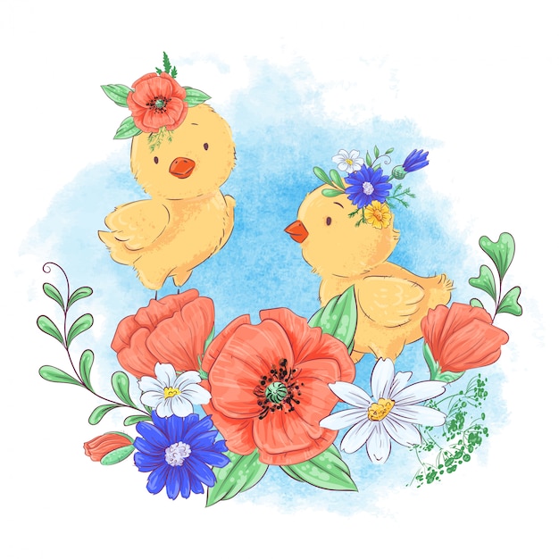 赤い花の花輪でかわいい鶏の漫画イラスト プレミアムベクター