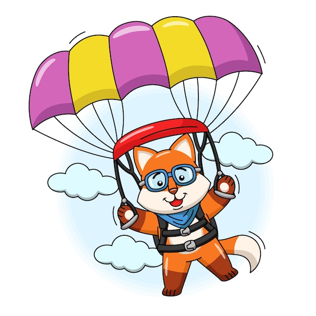 パラシュートで飛んでいるかわいいキツネの漫画イラスト プレミアムベクター