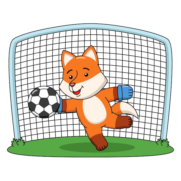 サッカーボールをしているかわいいキツネの漫画イラスト プレミアムベクター