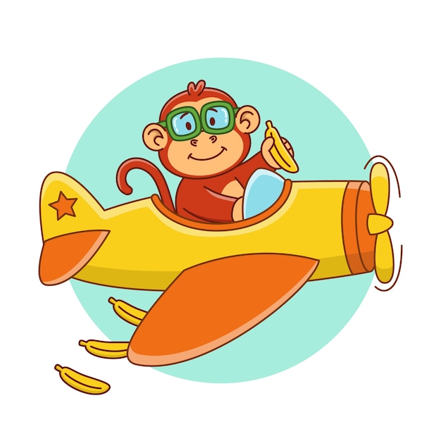 飛行機で飛んでいるかわいい猿の漫画イラスト プレミアムベクター