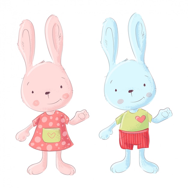 かわいい2羽のウサギ 男の子と女の子の漫画イラスト プレミアムベクター