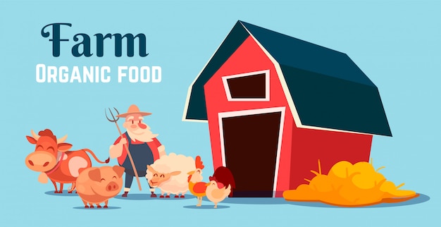 納屋 動物および農夫と農場の漫画イラスト プレミアムベクター
