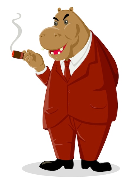 葉巻を吸うカバの漫画のイラスト プレミアムベクター