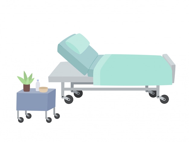 白で隔離される病院のベッド変圧器とベッドサイドテーブルの漫画イラスト プレミアムベクター