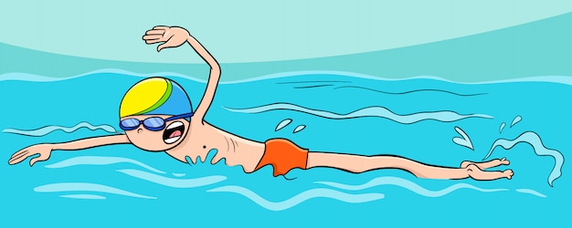 少年水泳クロールストロークの漫画イラスト プレミアムベクター