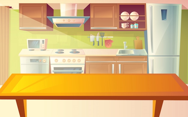 Cartoon Illustration Of Cozy Modern Kitchen With Dinner Table And Household Appliances 1441 1835 