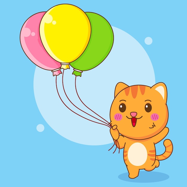 カラフルな風船を持っているかわいい猫のキャラクターの漫画イラスト プレミアムベクター