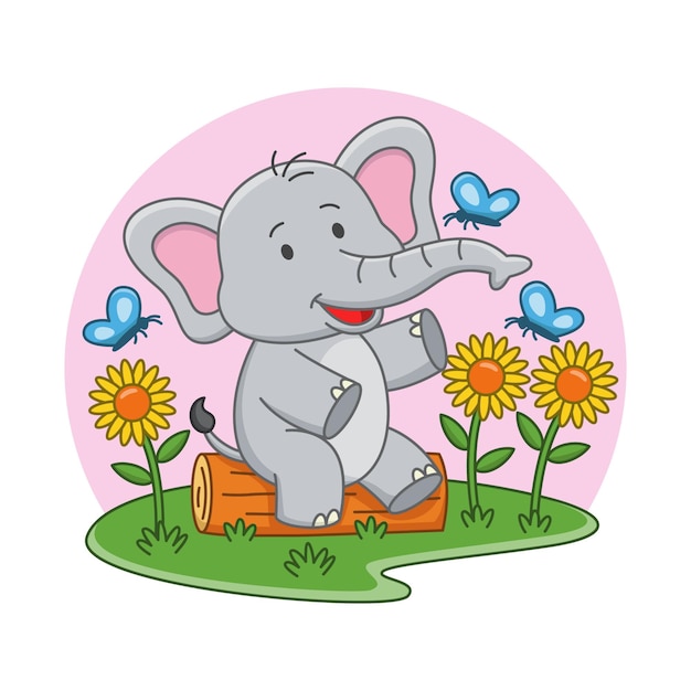 蝶と遊ぶかわいい象の漫画イラスト プレミアムベクター