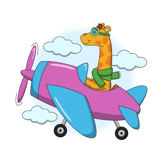 飛行機で飛んでいるかわいいキリンの漫画イラスト プレミアムベクター