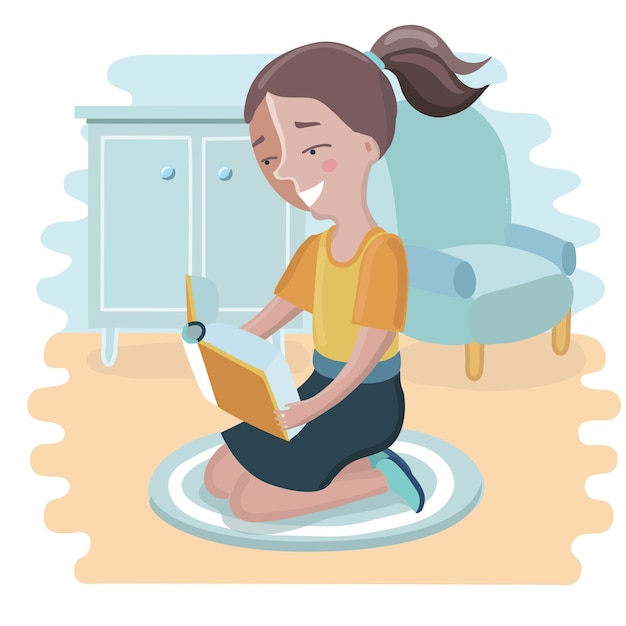 本を読んで 彼女の膝の上に座っているかわいい女の子の漫画イラスト プレミアムベクター