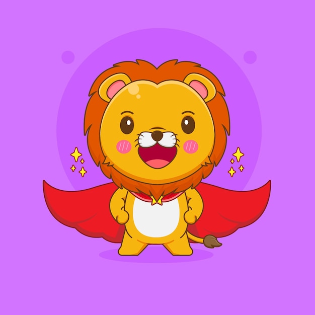 スーパーヒーローとして赤いマントとかわいいライオンのキャラクターの漫画イラスト プレミアムベクター