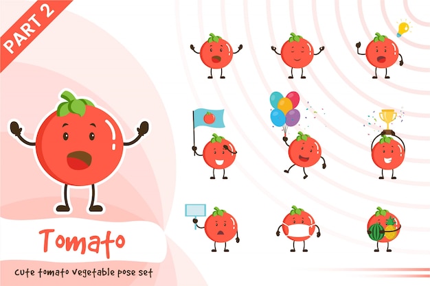 かわいいトマト野菜セットの漫画イラスト プレミアムベクター