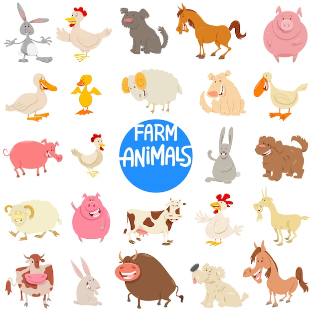 農場の動物キャラクターセットの漫画イラスト プレミアムベクター
