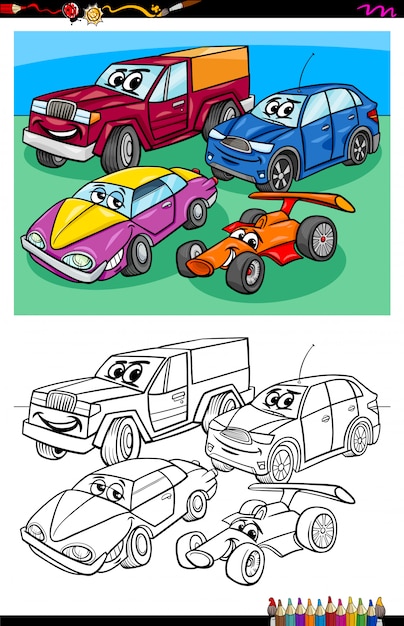 面白い車の漫画イラスト動物キャラクターグループぬりえ帳の活動 プレミアムベクター