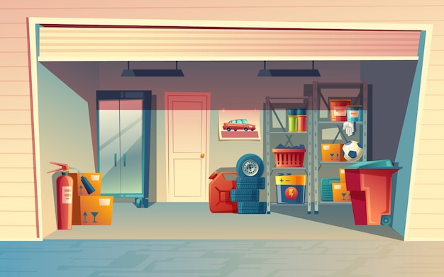 Cartoon illustration of garage interior storage  room with 