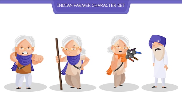 インドの農民のキャラクターセットの漫画イラスト プレミアムベクター