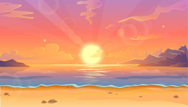 美しいピンクの空と太陽の反射水の上で日没または日の出の海の風景の漫画イラスト ビーチの美しい自然 プレミアムベクター