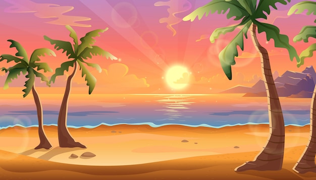 美しいピンクの空と水の上の太陽の反射と日没または日の出の海の風景の漫画イラスト ヤシの木とビーチの美しい自然 プレミアムベクター