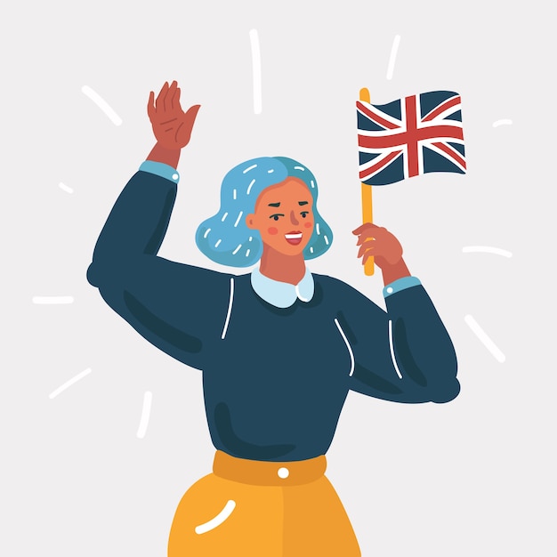 英語の勉強や旅行の漫画イラスト あなたに手を振っている英国の旗を持つ美しい少女 白い背景の上の人間のキャラクター プレミアムベクター