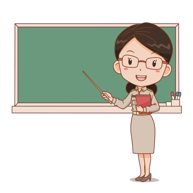 黒板の前に棒を持っているタイの女教師の漫画イラスト プレミアムベクター