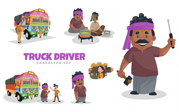 トラックドライバーの文字セットの漫画イラスト プレミアムベクター