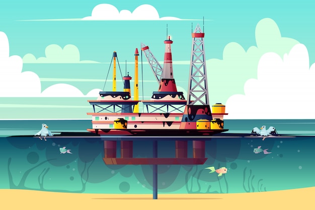 Free Vector | Cartoon illustration of oil rig in ocean