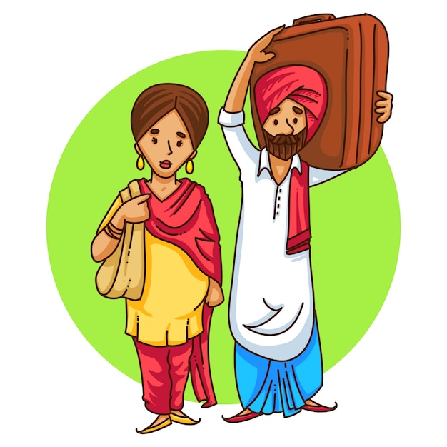 Cartoon illustration of a punjabi couple travelling . | Premium Vector