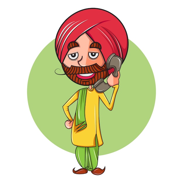 Cartoon illustration of punjabi man talking on phone. Vector | Premium