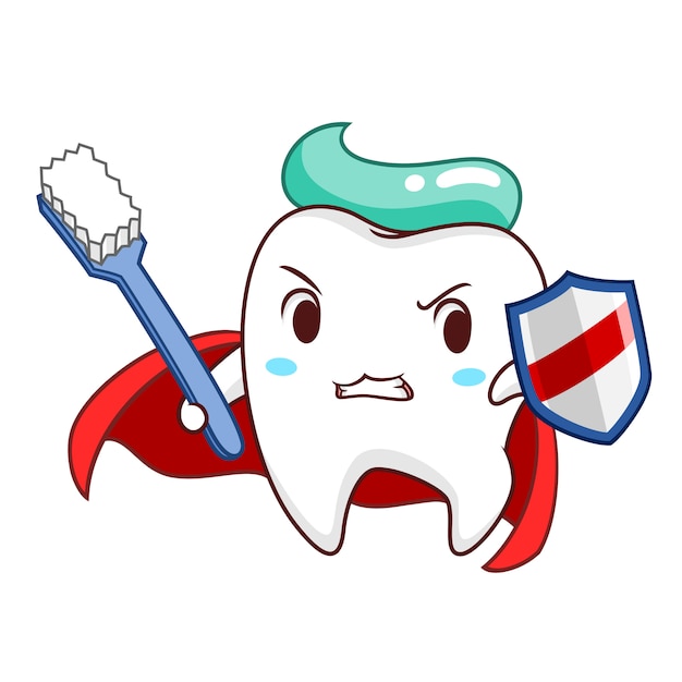 Premium Vector | Cartoon illustration of superhero tooth holding shield ...