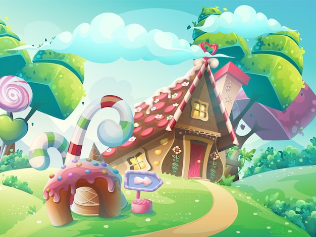 漫画イラストファンタジーの木 面白いケーキ キャラメルと甘いお菓子の家 プレミアムベクター