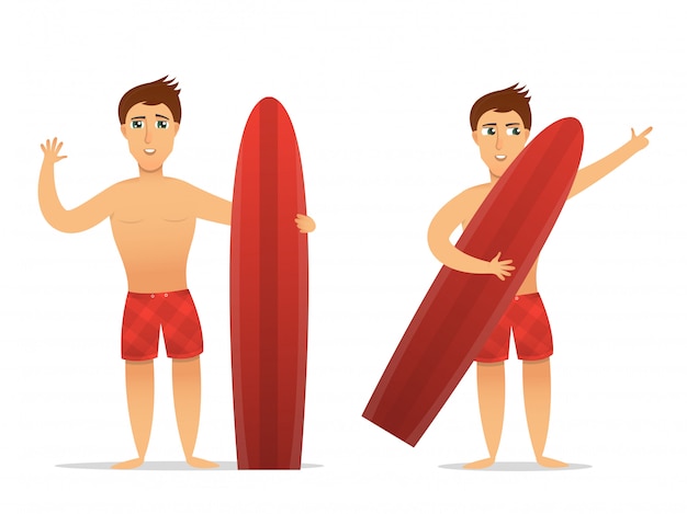 白い背景の上のサーファーキャラクターの漫画イラスト サーフィンや休暇の概念 プレミアムベクター