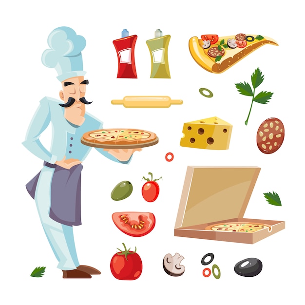 ピザの食材を使った漫画イラスト プレミアムベクター