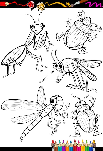 Cartoon insects set for coloring book | Premium Vector