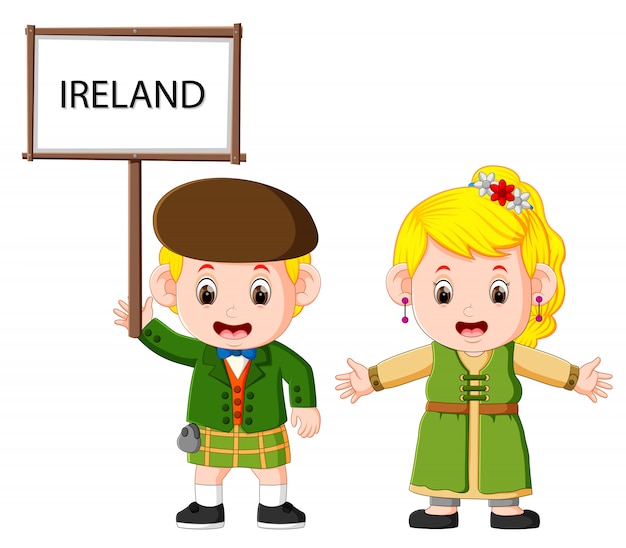 伝統的な衣装を着て漫画アイルランドカップル プレミアムベクター