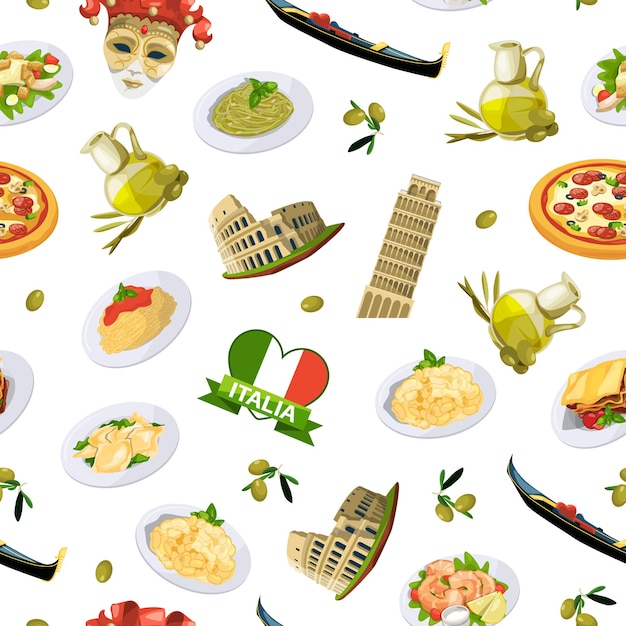 漫画のイタリア料理要素パターンまたは背景イラスト 伝統的な食事と食べ物 プレミアムベクター